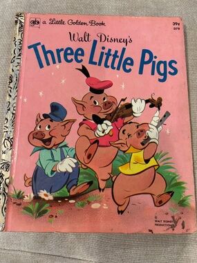 Vintage Book: Walt Disney Three Little Pigs Little Golden Book - Pink Cover